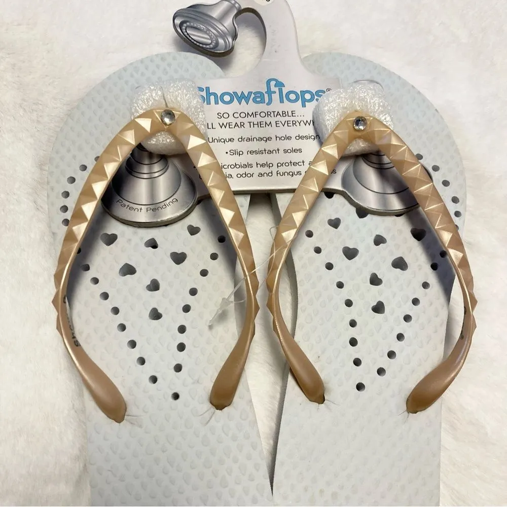 Showaflops Shower Shoes Size 5 6 White Heart Gold Pyramid Flip Flop NWT Water - Image 3