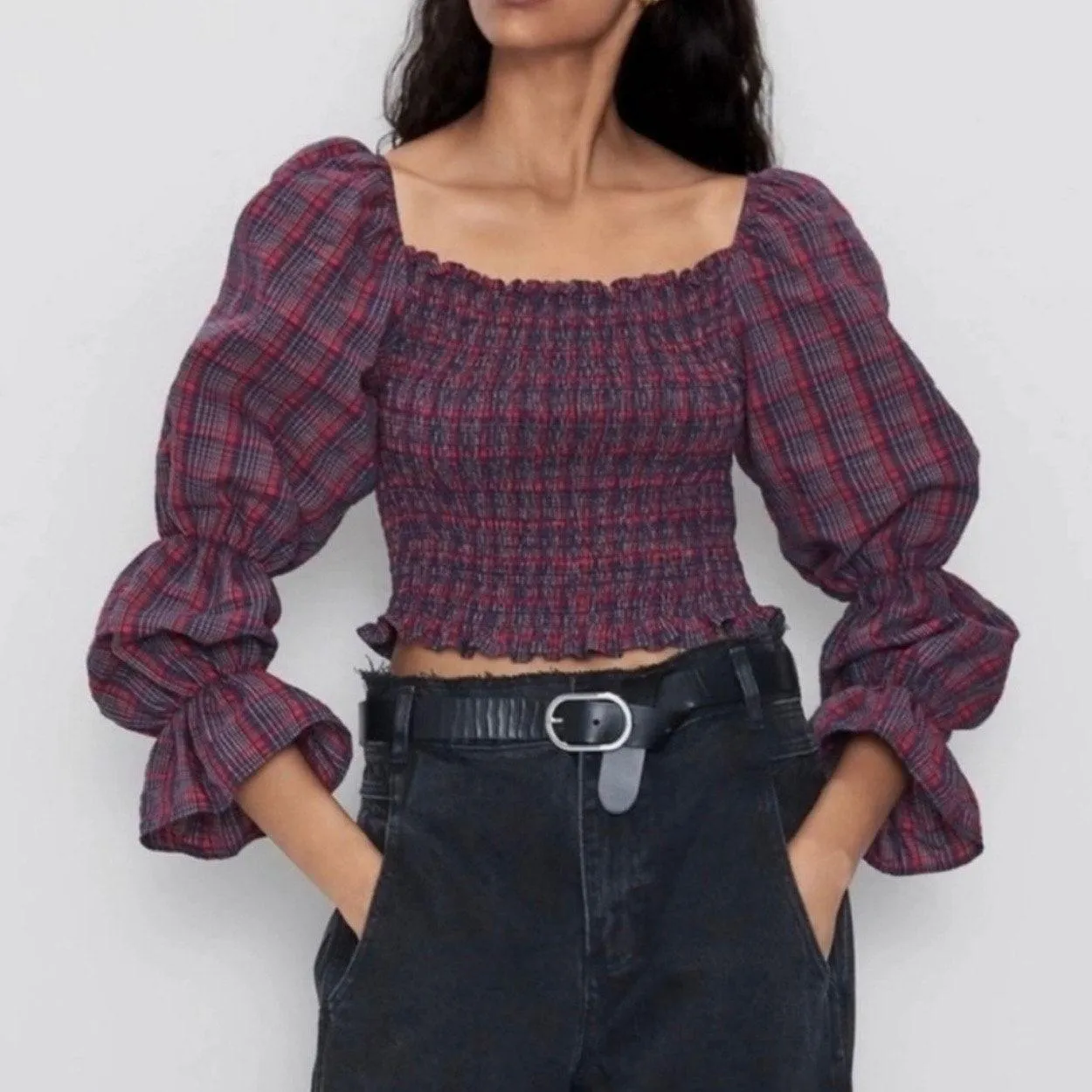 Zara Blue Red Plaid Puff Sleeve Smocked Cropped Top Size XS - Image 7