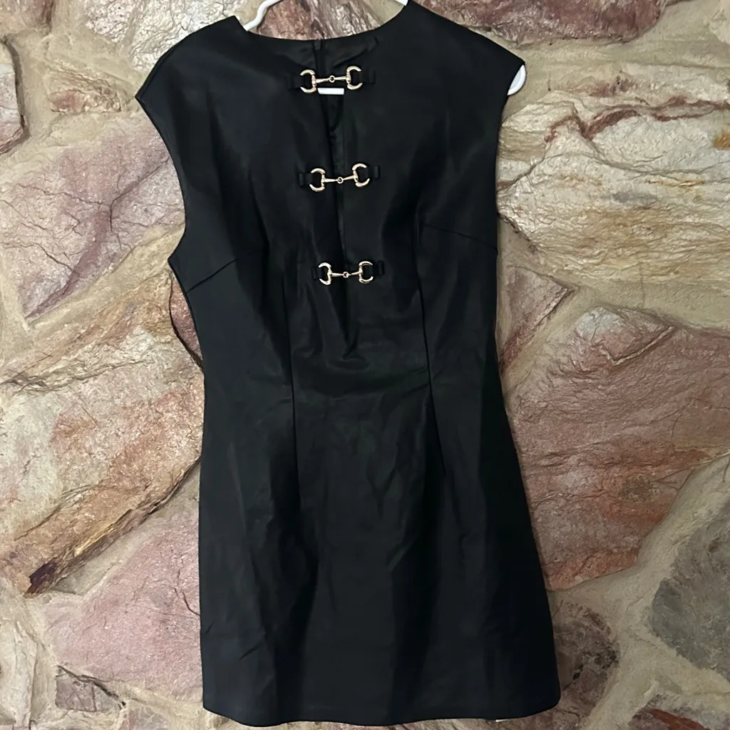 Commense PU Leather Metal Buckle Sleeveless Mini Dress size Medium Black - Image 2