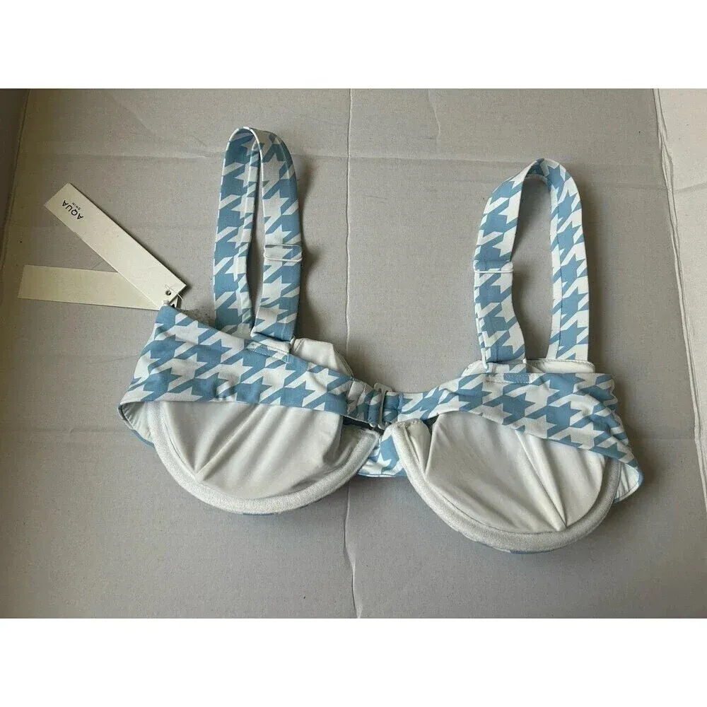 Aqua Swim Bikini Swimsuit Top Blue & White Houndstooth print NWT Size M - Image 2