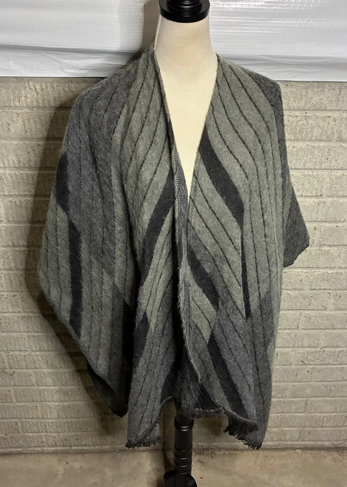 TALULA Women's Gray Black Stripe Asymmetrical Fringe Shawl Wrap Poncho Sweater - Image 1