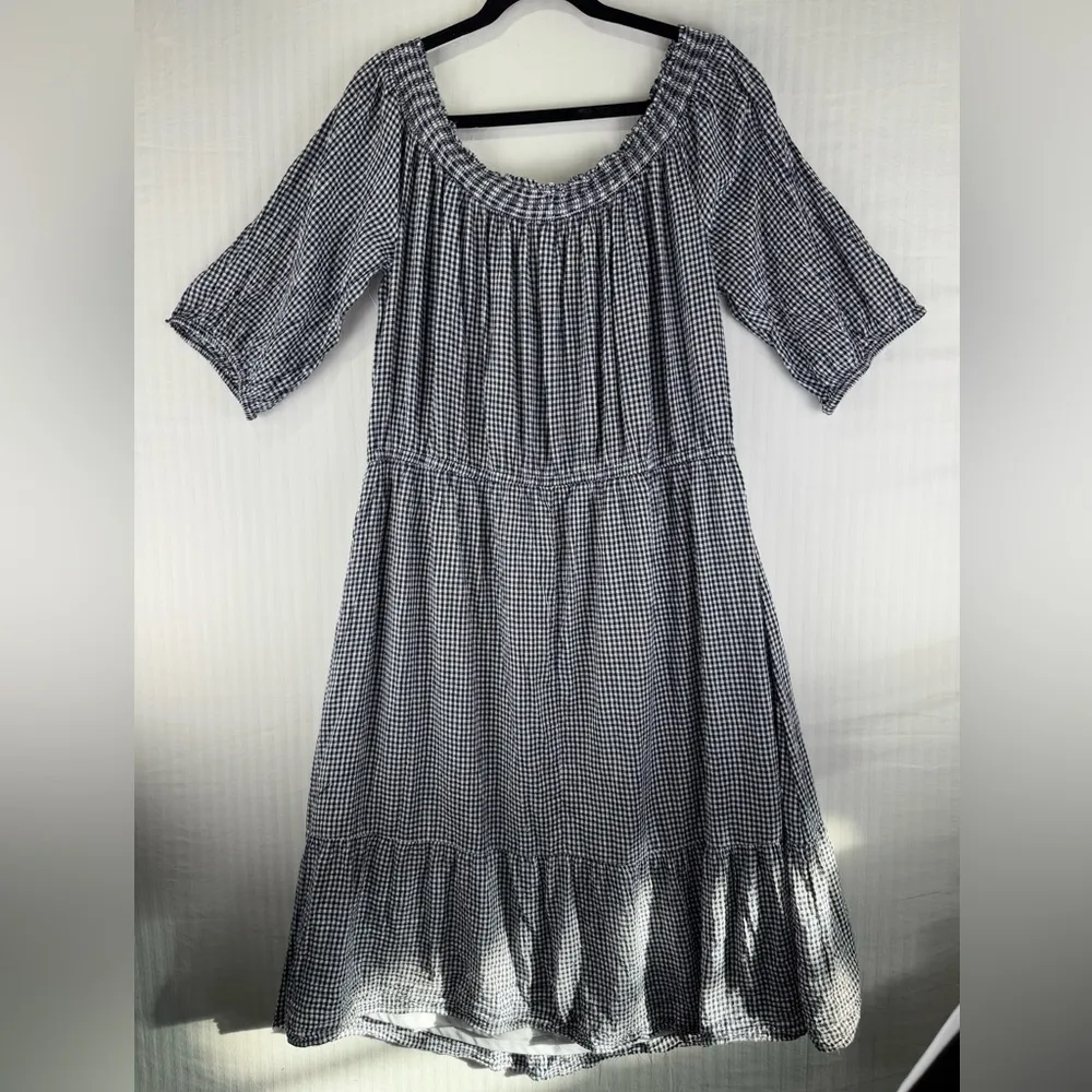 Old Navy Prairie Dress Navy Blue & White Gingham Check Off-The-Shoulder Size XXL - Image 6