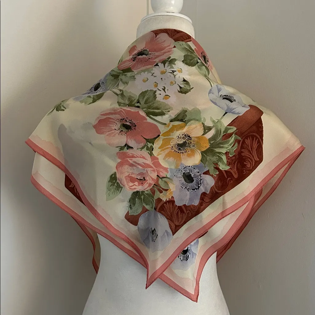 Pastel Floral/Basket Print Silk Scarf Pink - Image 2