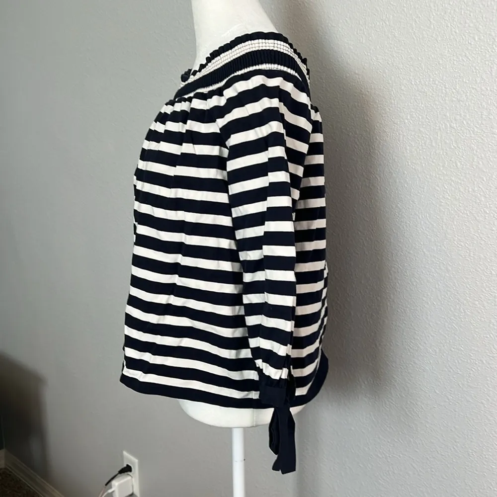 JCrew Off Shoulder Tie Sleeve Navy/White Striped Top Size Medium - Image 4