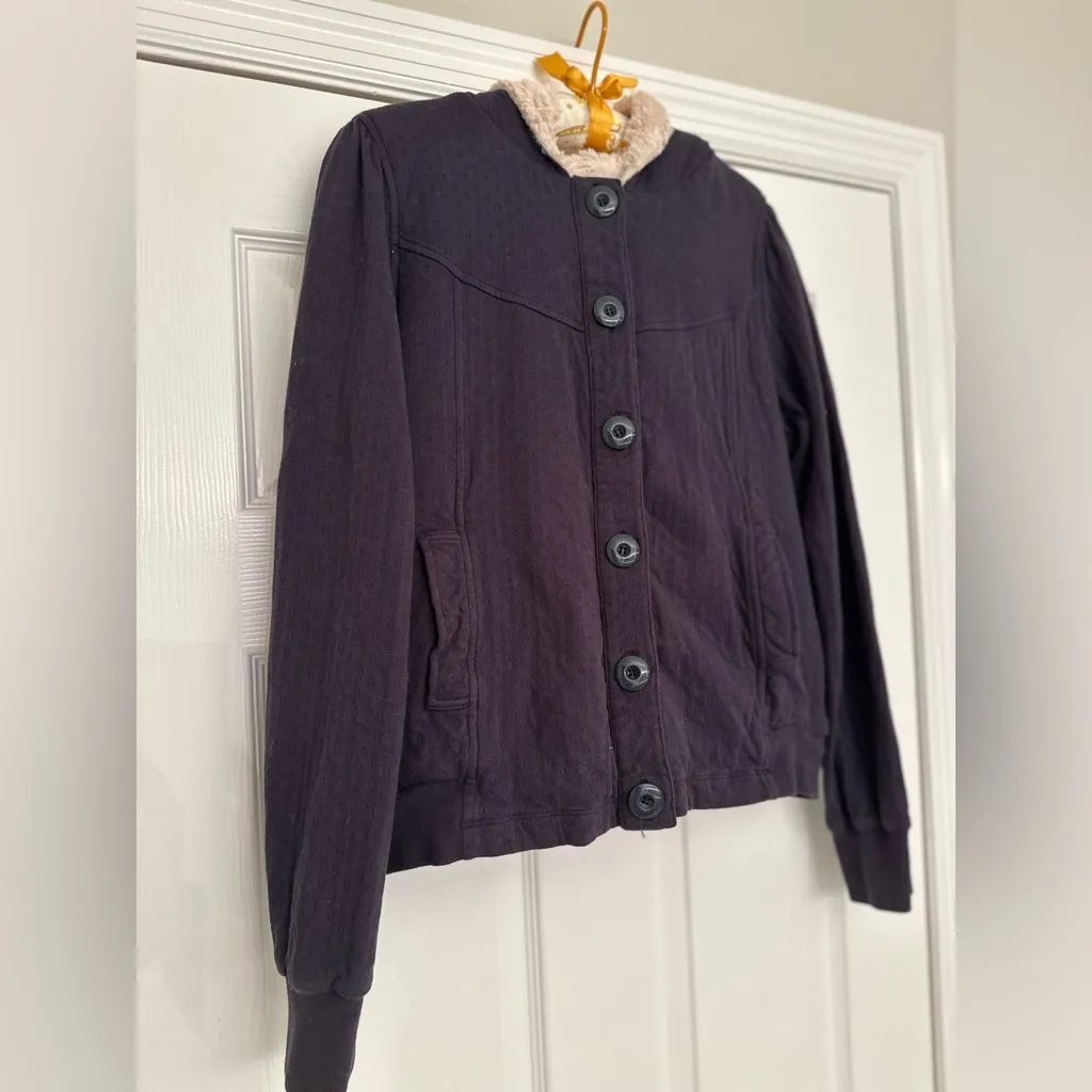 Anthropologie Allihop Sherpa Lined Hooded Jacket Juniors Sz L Navy Button Fuzzy - Image 3