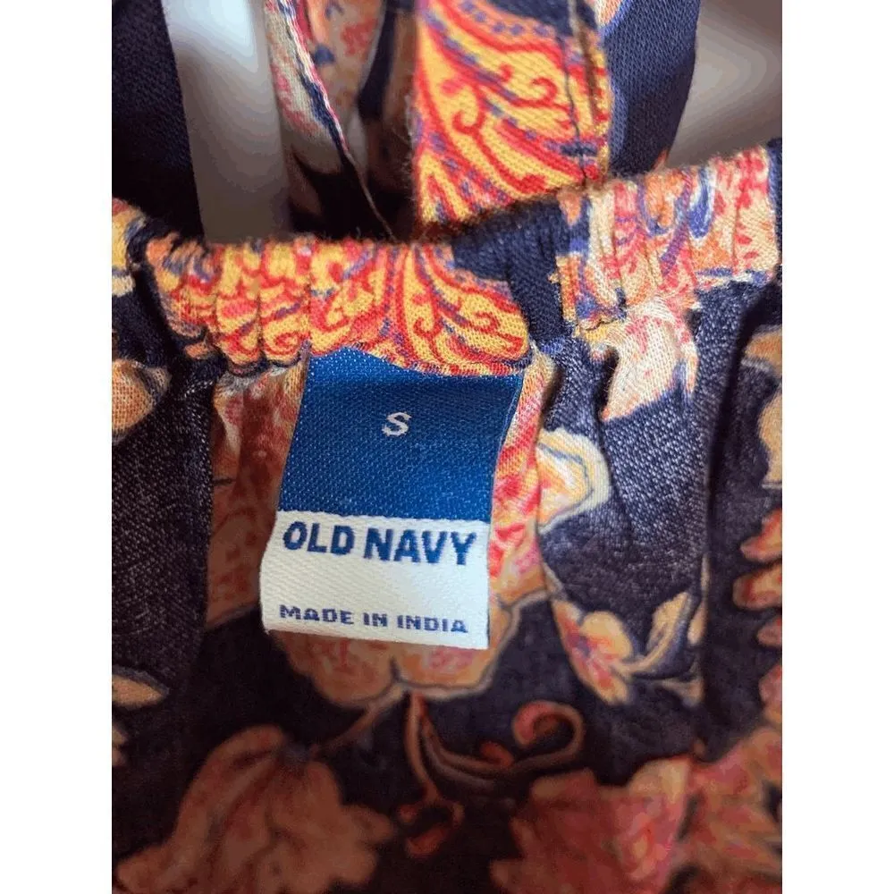 Old Navy Women's Woven Peasant Boho Floral Tie Back Top Blouse Navy Pink Small - Image 4