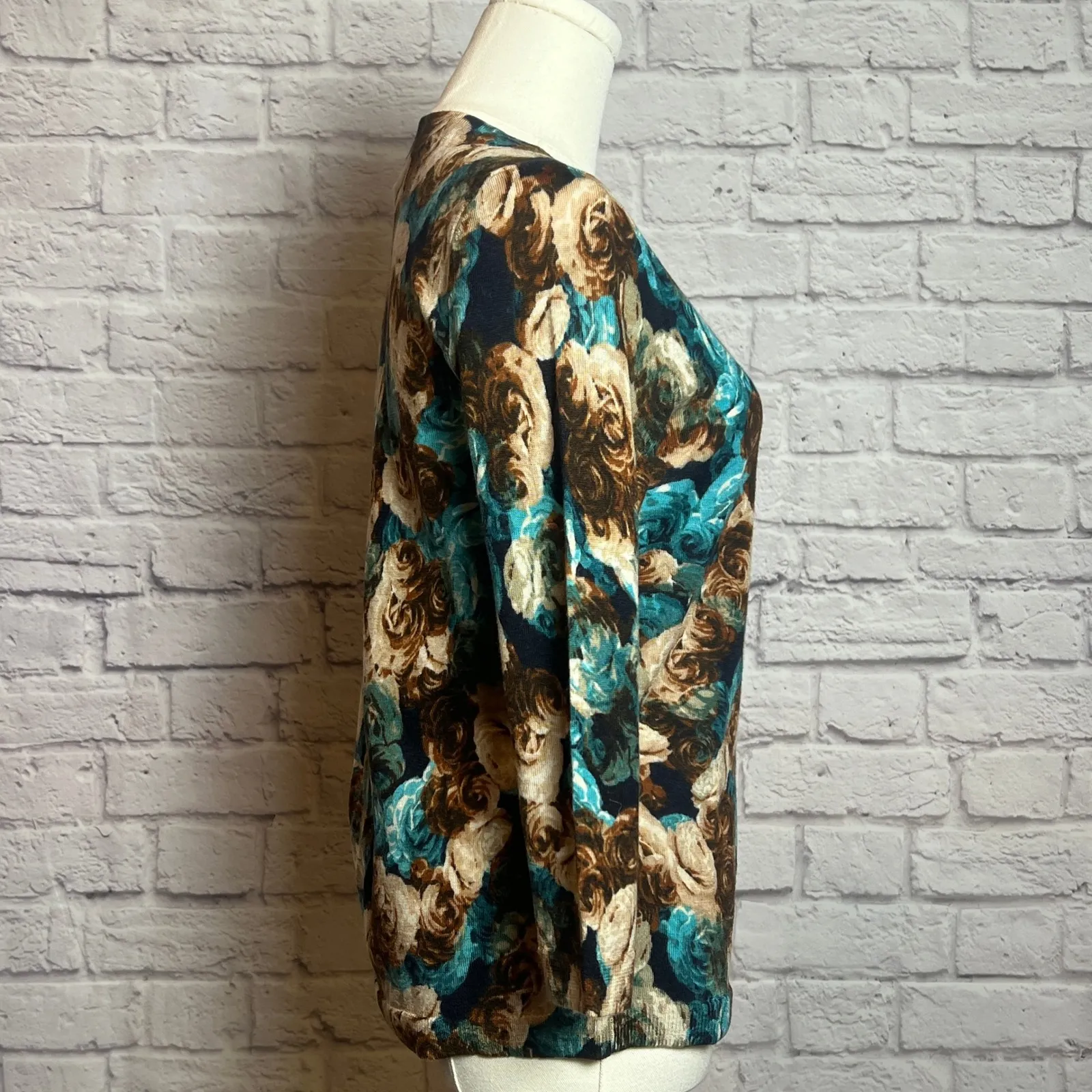 Talbots Petites Women's SP 100% Merino Wool Teal Brown Floral Sweater  Artcore - Image 2