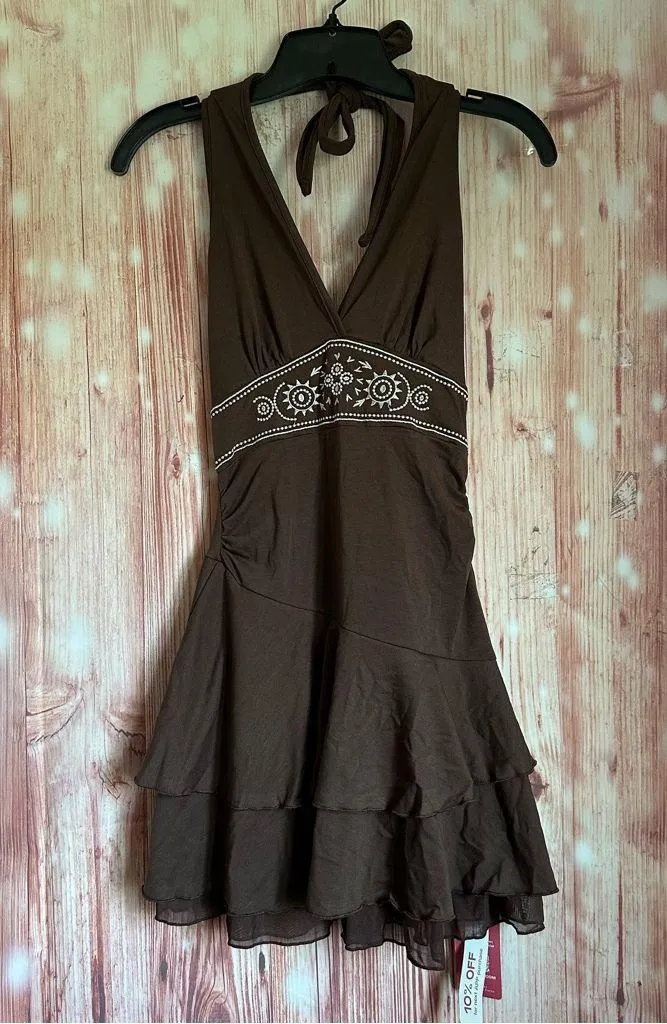 Romwe Brown The White Lotus Embroidered Detail Tiered Hem Halter Short Dress - Image 2