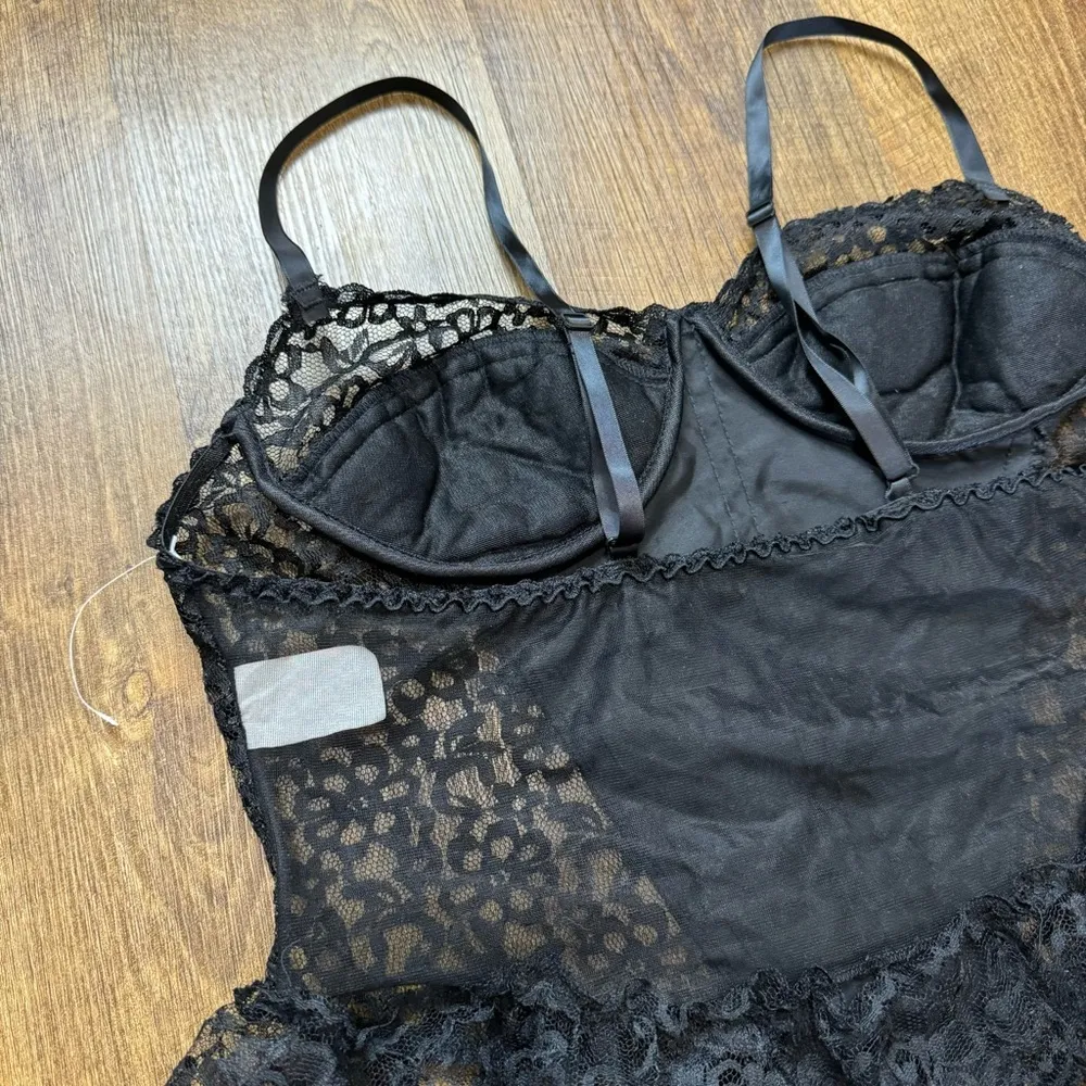 Vtg Y2K Black Babydoll Corset Bustier Top w Garter Straps Sz Large Satin Lace - Image 12