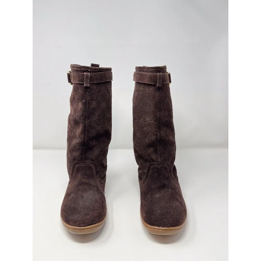 Coach Womens Boots Brown Maressa Suede Mid Calf Monogram Logo Buckle US 7.5 B - Image 2