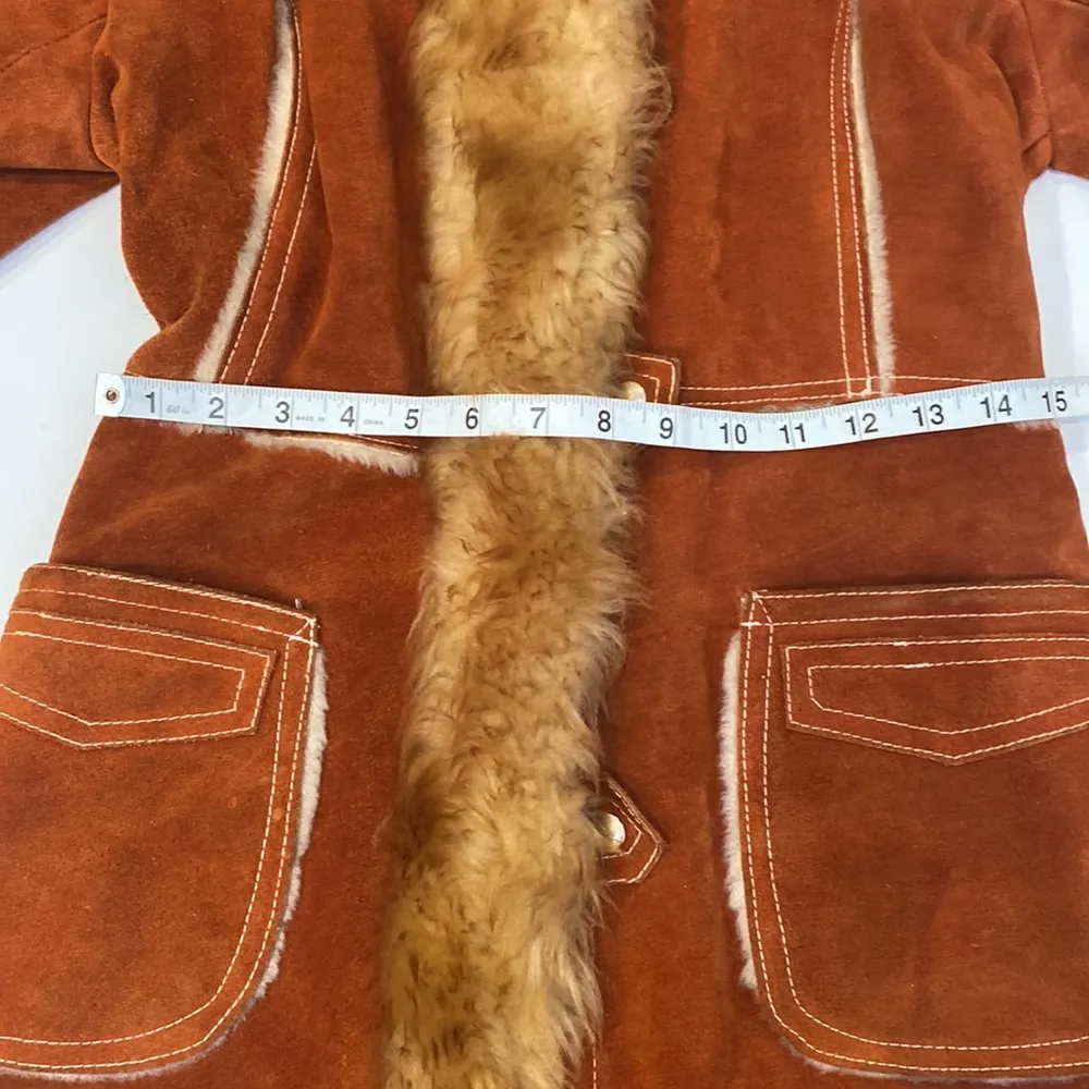 Vintage Rust Colored Suede Coat w/ Faux Fur Trim Snap Closure Sz XS Lined Hooded - Image 14