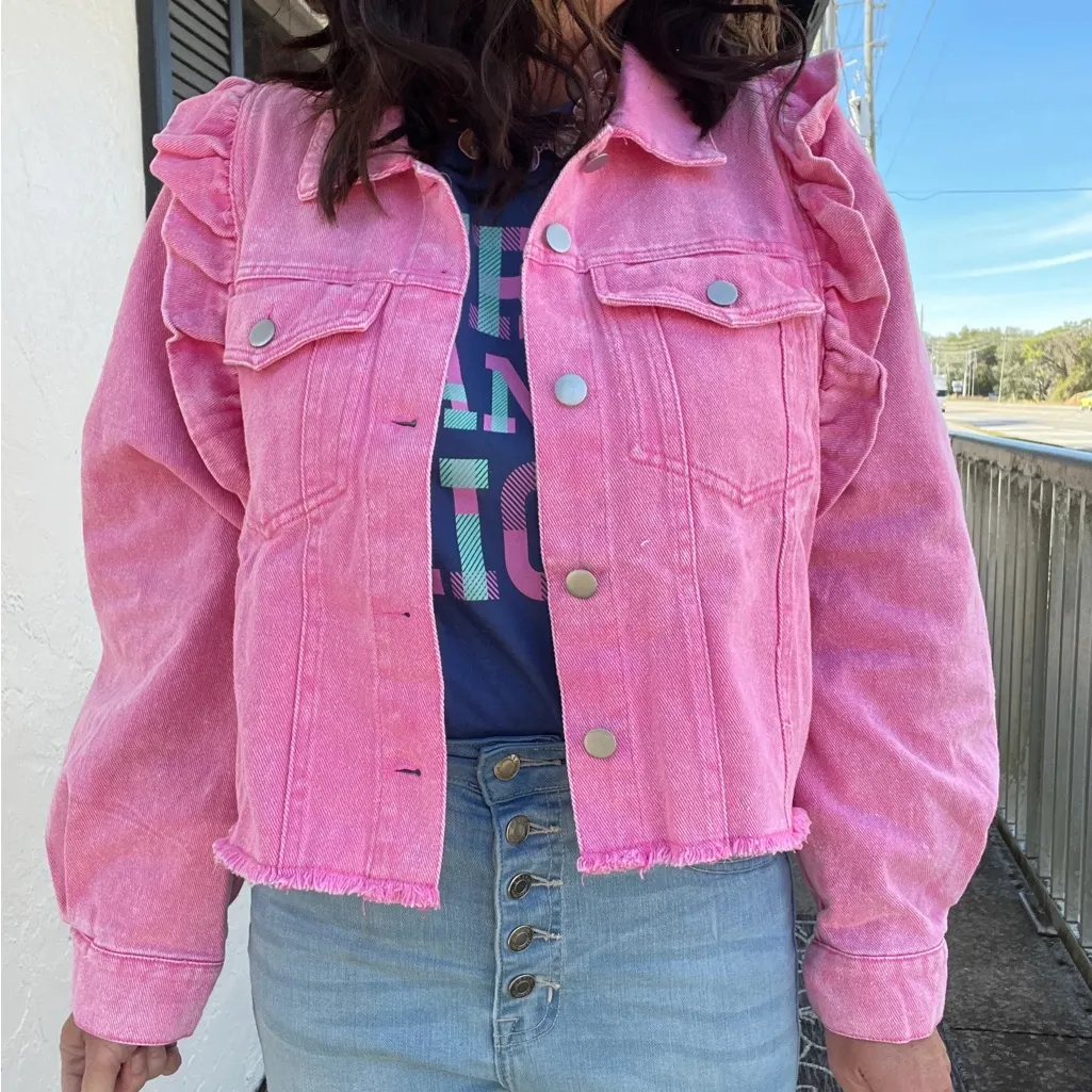 Bibi Pink Ruffle Denim Jacket Cropped NWT Size Large - Image 2