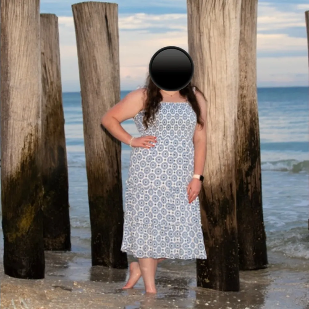 As U Wish Blue and White Chinoiserie Smocked Ruffle Sleeve Tiered Midi Dress - Image 2