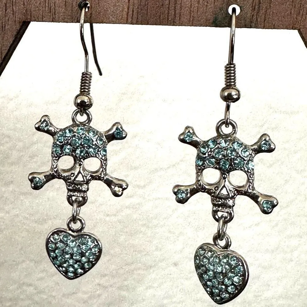 Blue skull and heart rhinestone drop earrings - Image 3