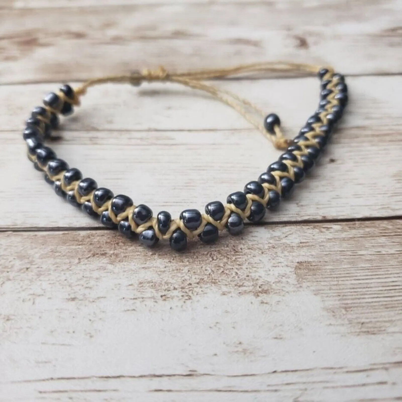 Vintage Bracelet Unusual Corded, Woven In Metallic Blue Beads - Image 2