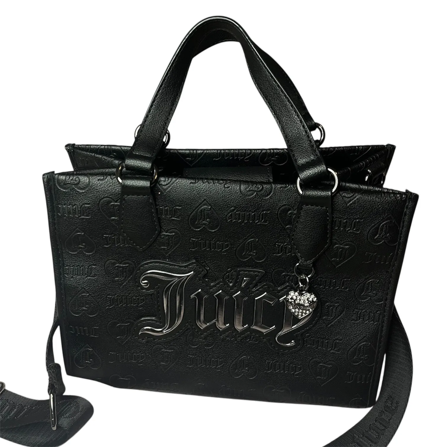Juicy Couture Black Embossed Logo Satchel Crossbody Heart Charm Bag Purse - Image 3
