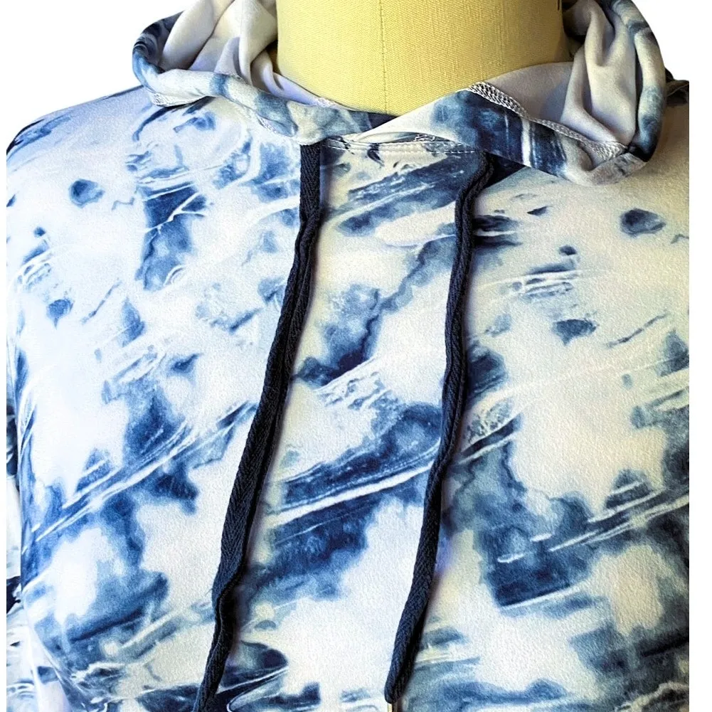 KYODAN Blue & White Tie Dye Short Crop Pullover Hoodie Sweatshirt ~ Women's XS - Image 4