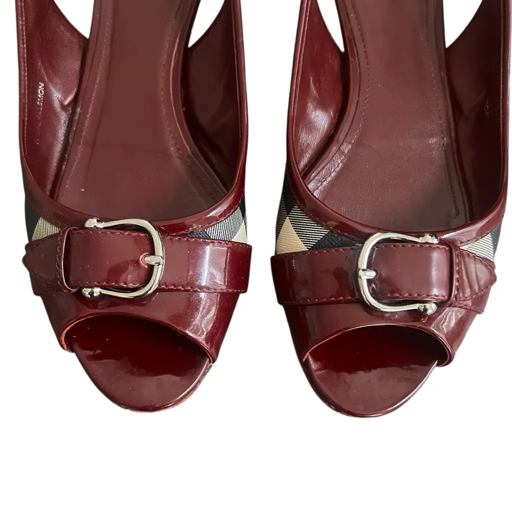 Burberry Women’s Vintage Butgundy Patent Leather Nova Check Peep Toe Flats 41 - Image 3