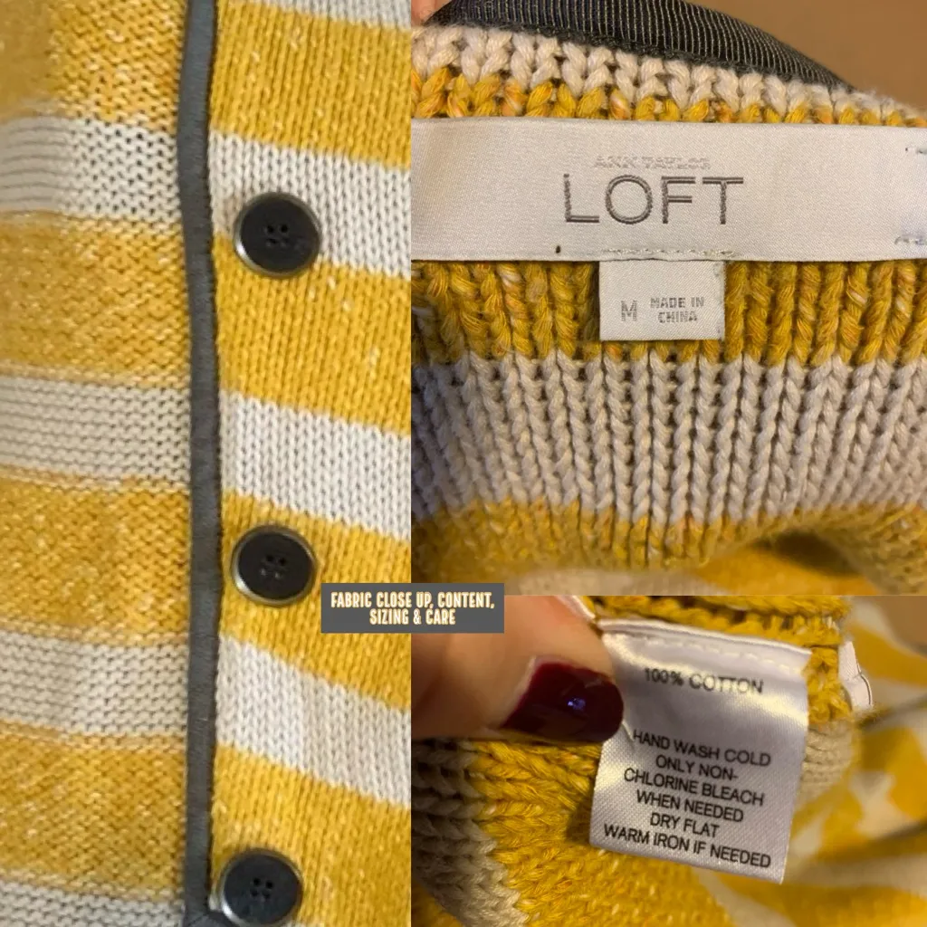 LOFT MUSTARD YELLOW, BEIGE & GRAY STRIPED COTTON CARDIGAN SWEATER (M) - Image 10