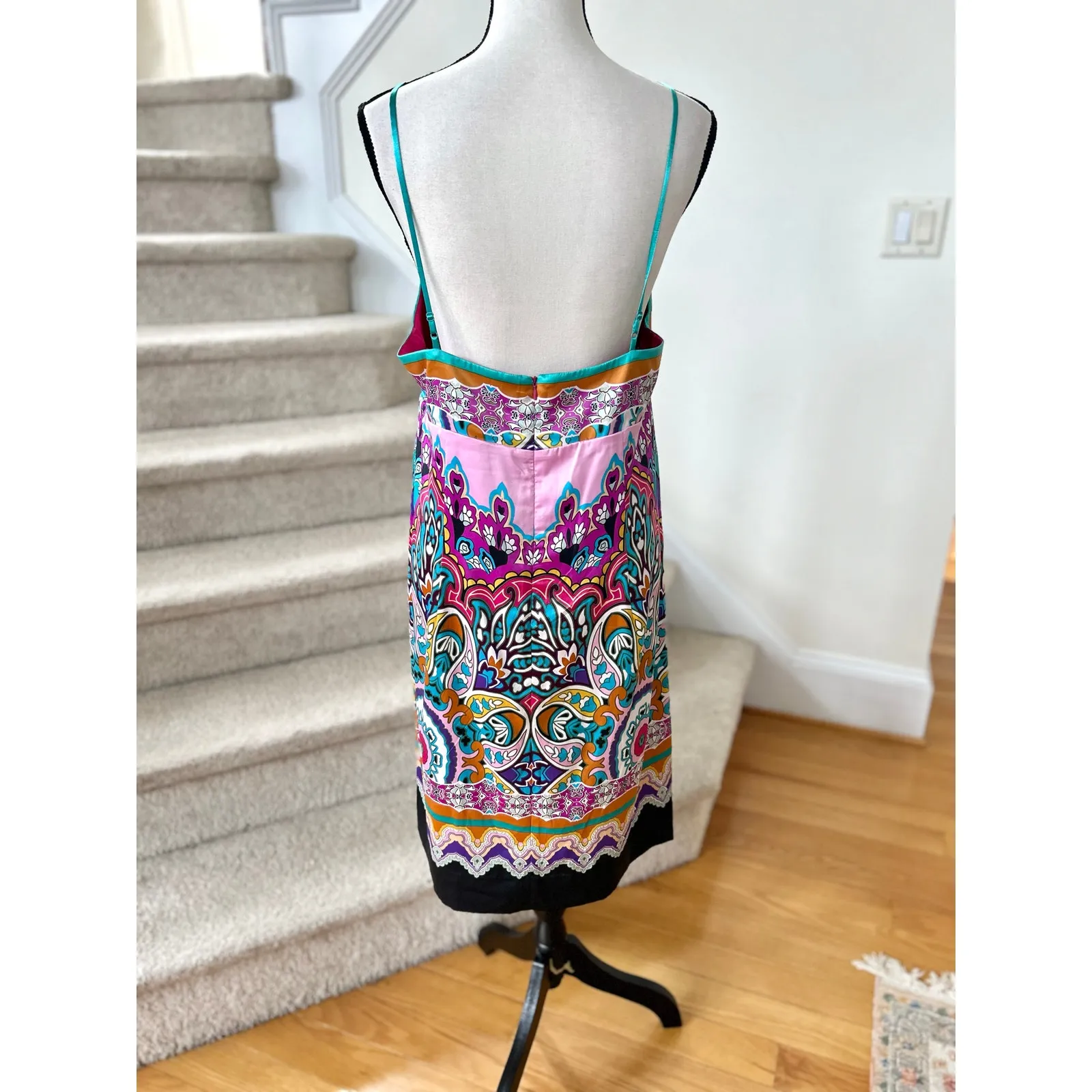 Vintage MixIt Pink Turquoise Satin Paisley Y2K Boho Babydoll Slip Dress - Image 2