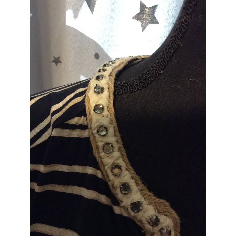 Tory Burch Silk XS Striped Top V Neck Rhinestone 3/4 Sleeve Soft - Image 3