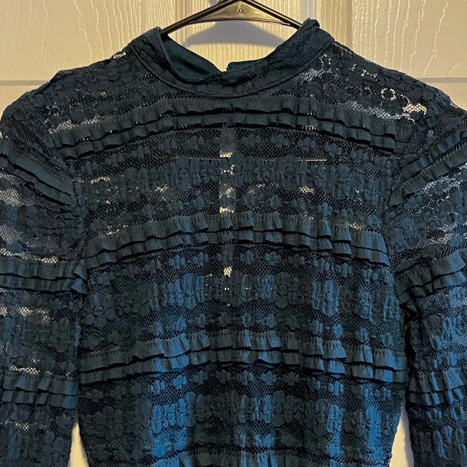 LUSH Teal Lace Ruffled Mock Neck Long Sleeve Mini Dress Women's Size Small Green - Image 10