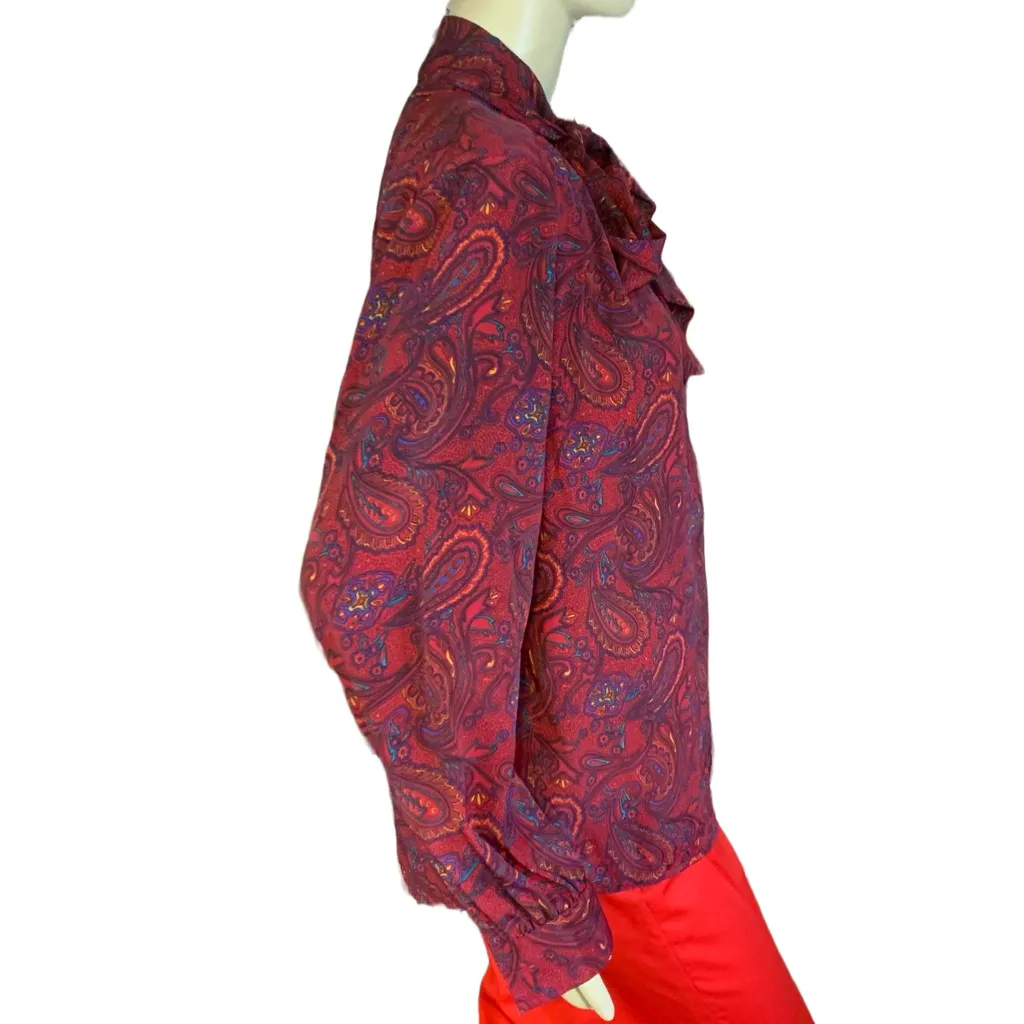 VINTAGE 1980'S ALFRED DUNNER BURGUNDY, RED & BLUE PAISLEY PRINT BLOUSE (10) - Image 5