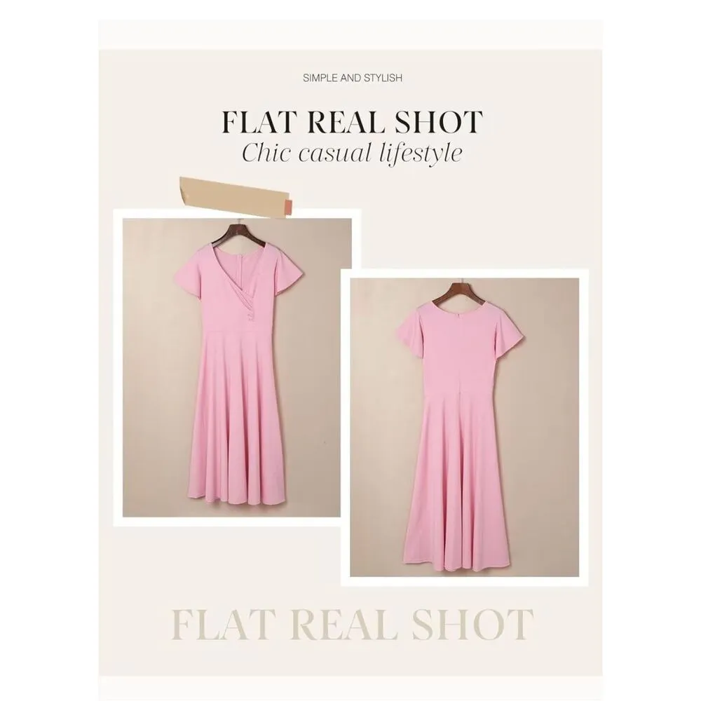 NEW V Neck Elegant Short Sleeve Skater Wedding Guest Dress XL Pink - Image 5