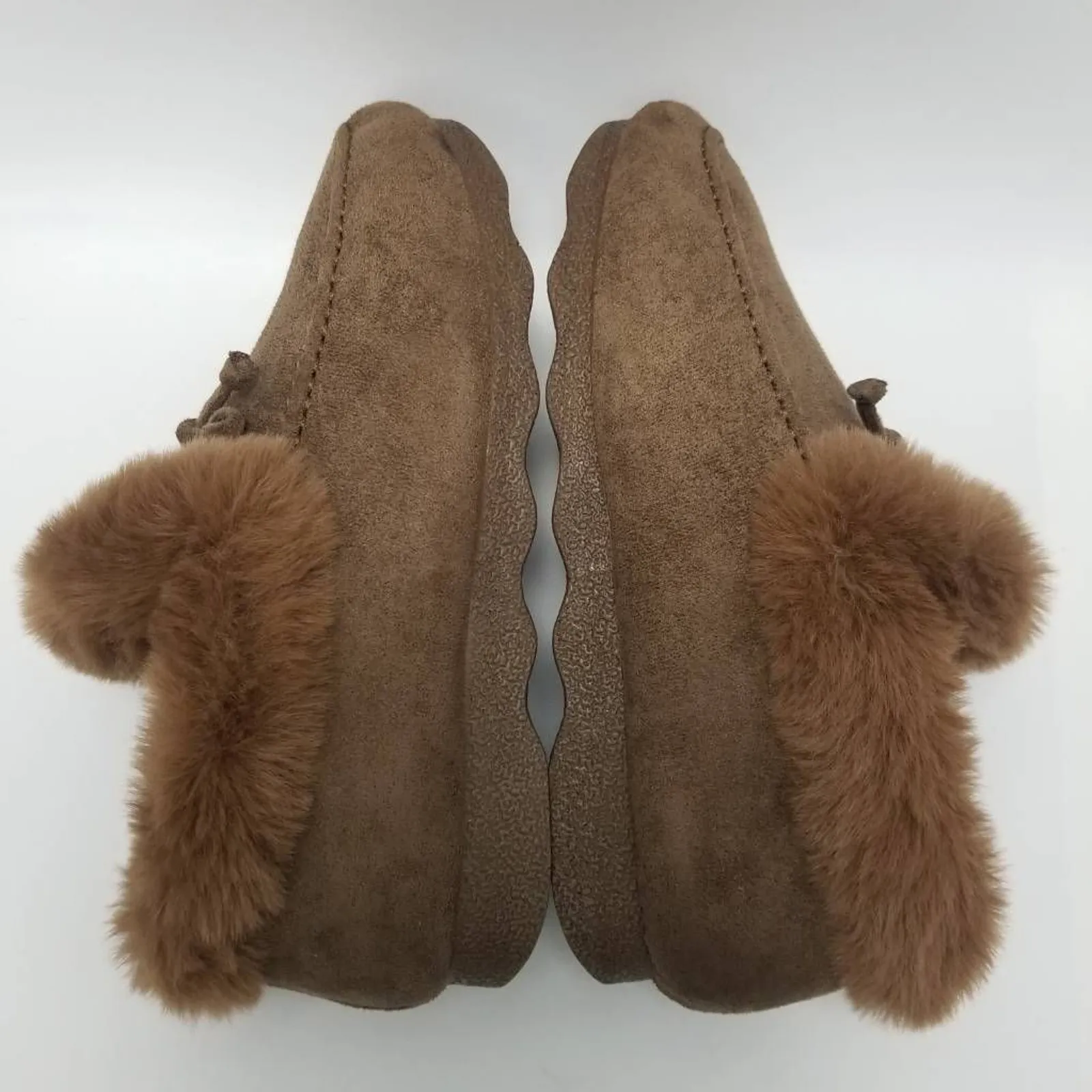 Moccasin Booties Womens Cognac Brown Bow Slip On Faux Fur Trim 8.5 New - Image 10