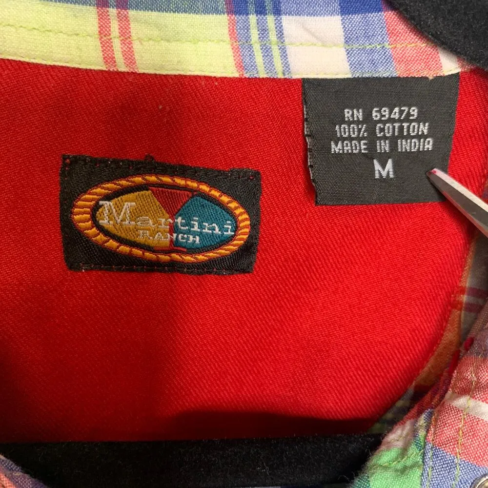 Martini Ranch Bright Plaid Whipstitch Snap Front Shirt Sz Medium Green - Image 6