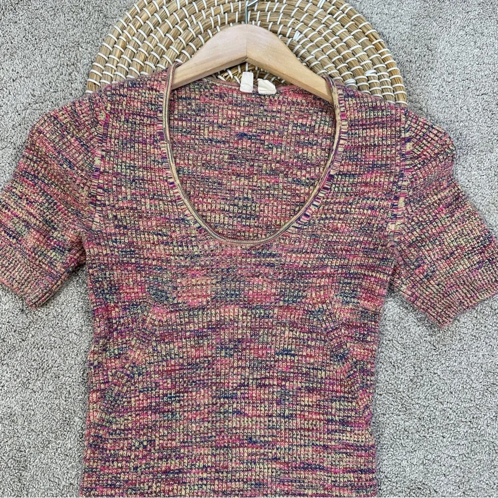 Anthropologie Moth Women’s Spacedye Ribbed Knit Shortsleeve Top Multicolor M Orange Size M - Image 3