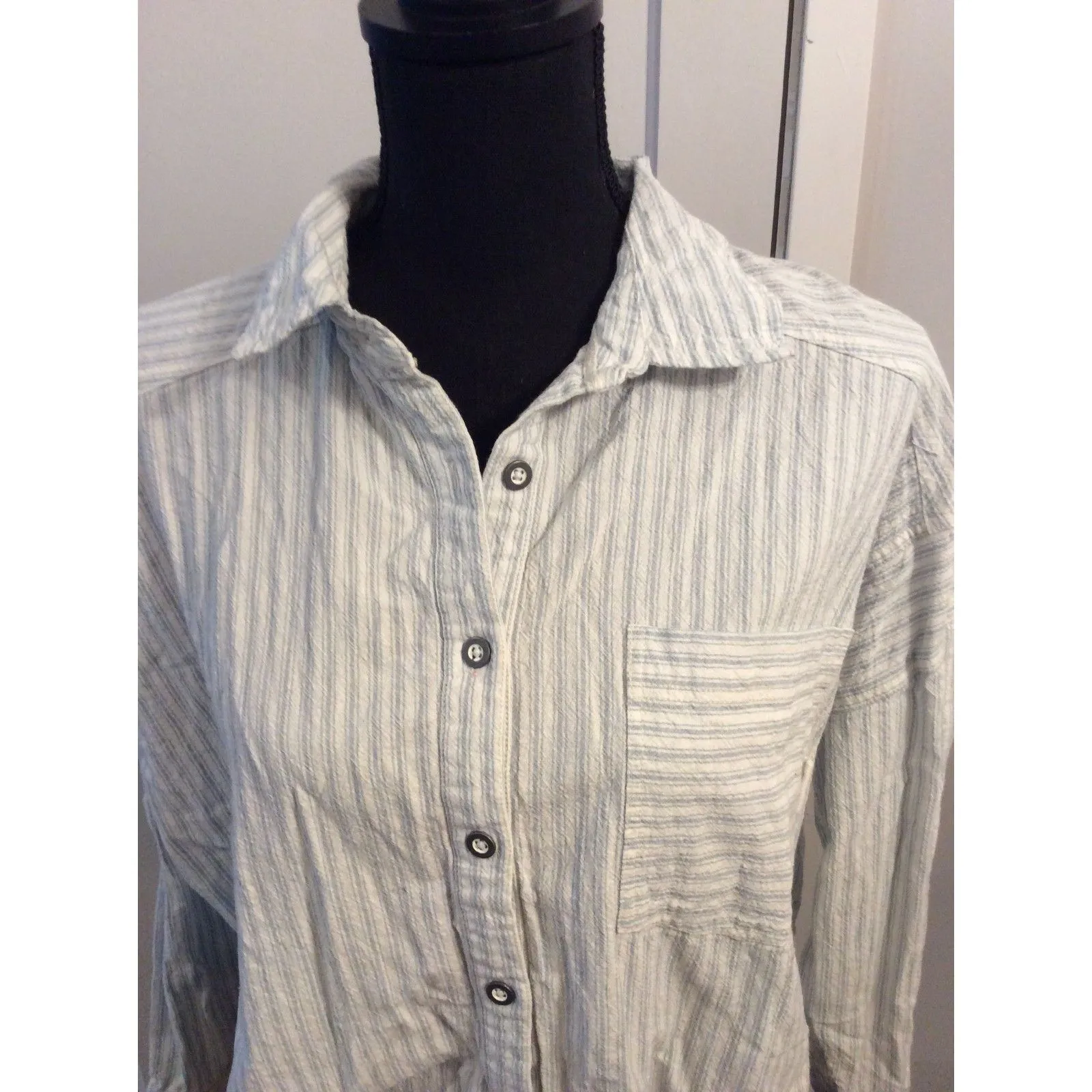 We the Free People Striped Small Button Front Chambray Raw Hem Long Sleeve boho - Image 2