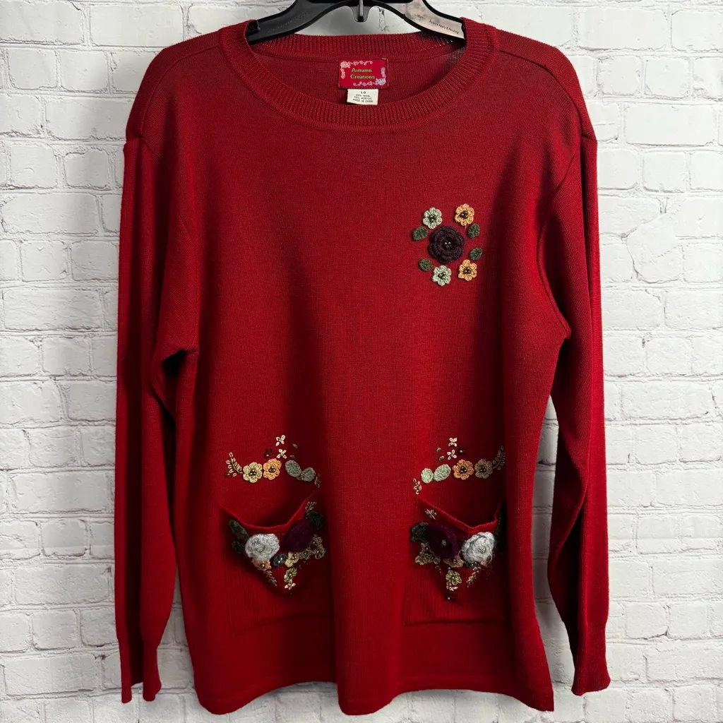 Vintage Y2k Grannycore red wool knit sweater Autumn Creations Large - Image 2