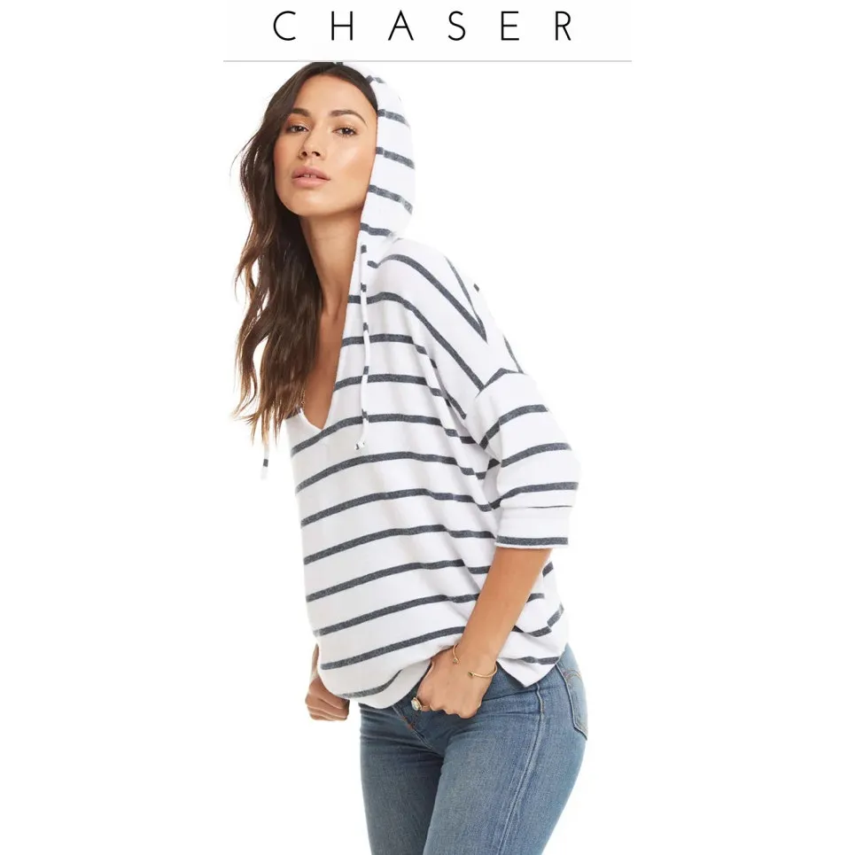 Chaser Love Knit 3/4 Sleeve Pullover Striped Hoodie Pink and White Cozy Fall - Image 3