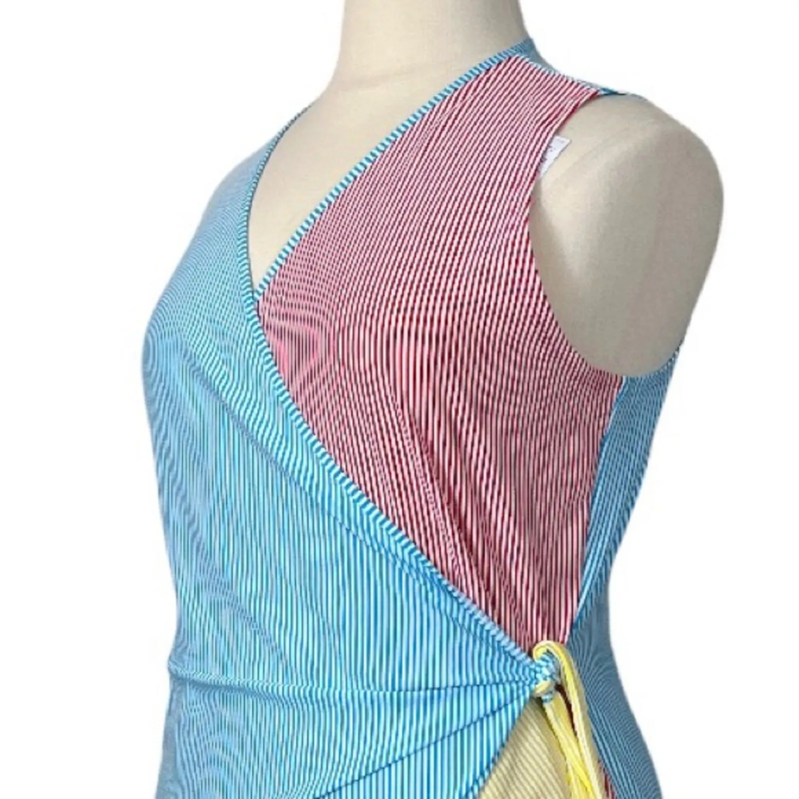 Lands’ End New. Women's Dress Blue Red Yellow Stripe Seersucker Wrap Size XL - Image 8