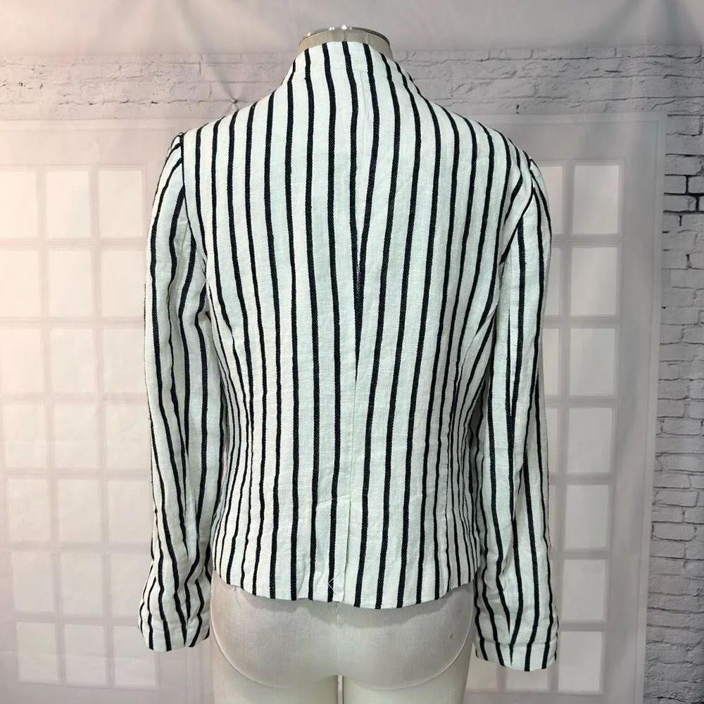 Ann Taylor Loft White and Navy Blue Striped linen Blazer Jacket Size Medium - Image 5