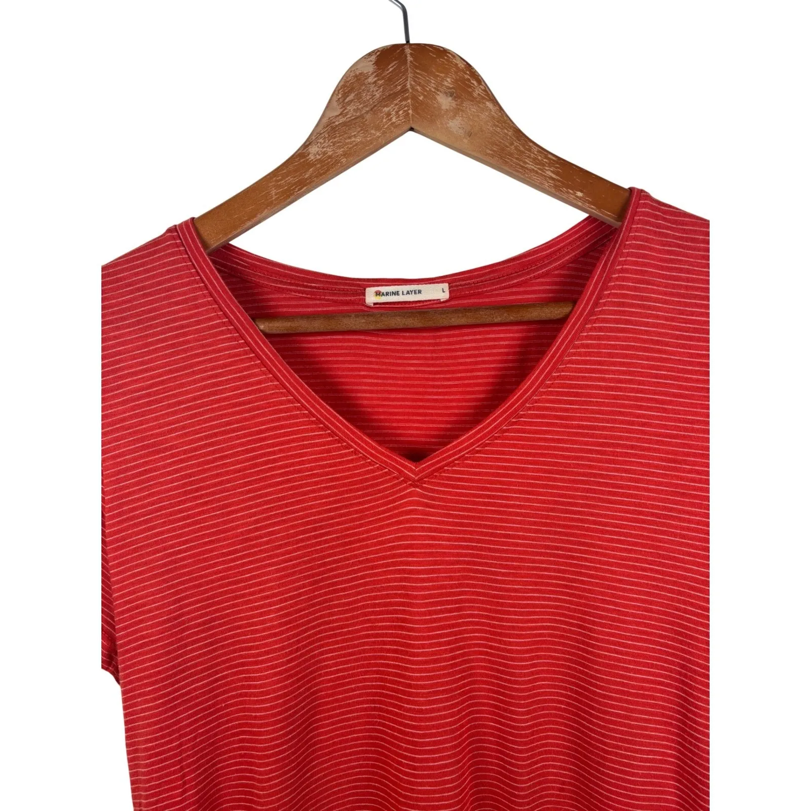 Marine Layer Large Striped V-Neck‎ Boyfriend T-Shirt Red Short Sleeve Casual Top - Image 3