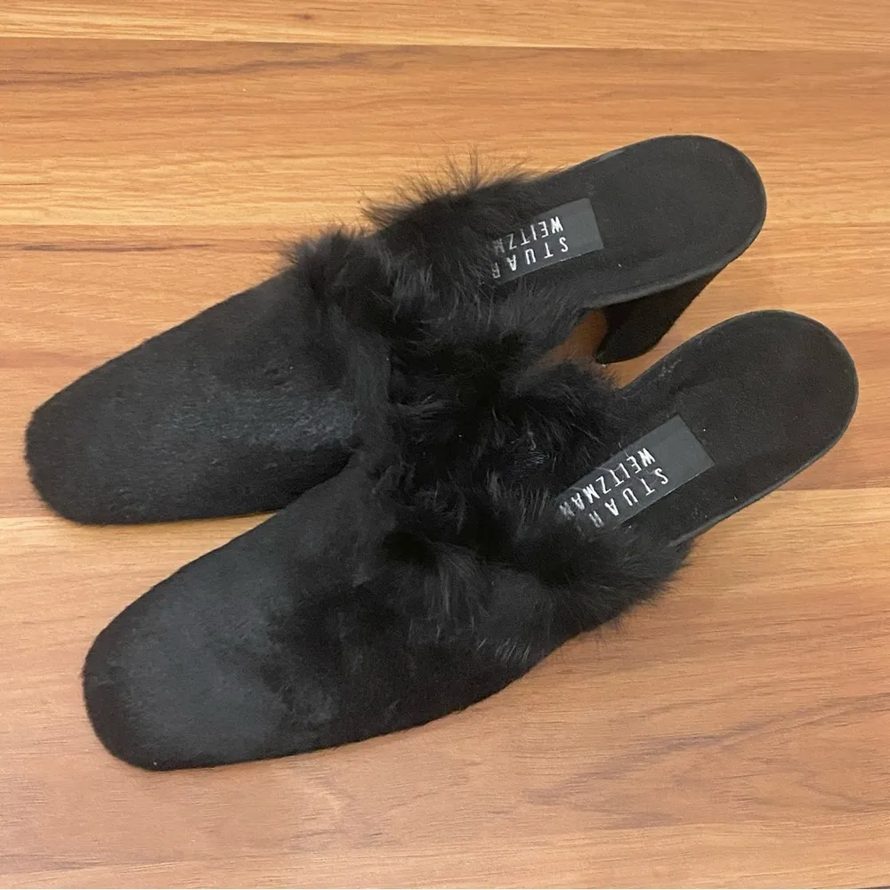 STUART WEITZMAN 5W 47312 Black Calf Hair Fur Slip On Heeled Mules Size 8.5 - Image 4
