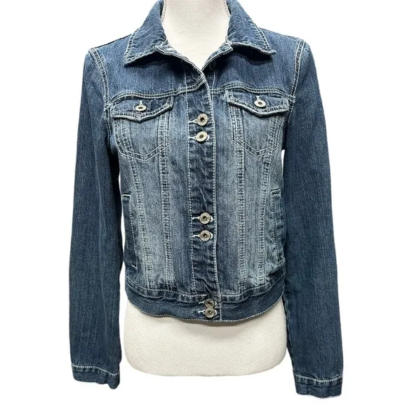 Vanity Distressed White Top‎ Stitch Blue Jeans Jacket Size M Size M - Image 11