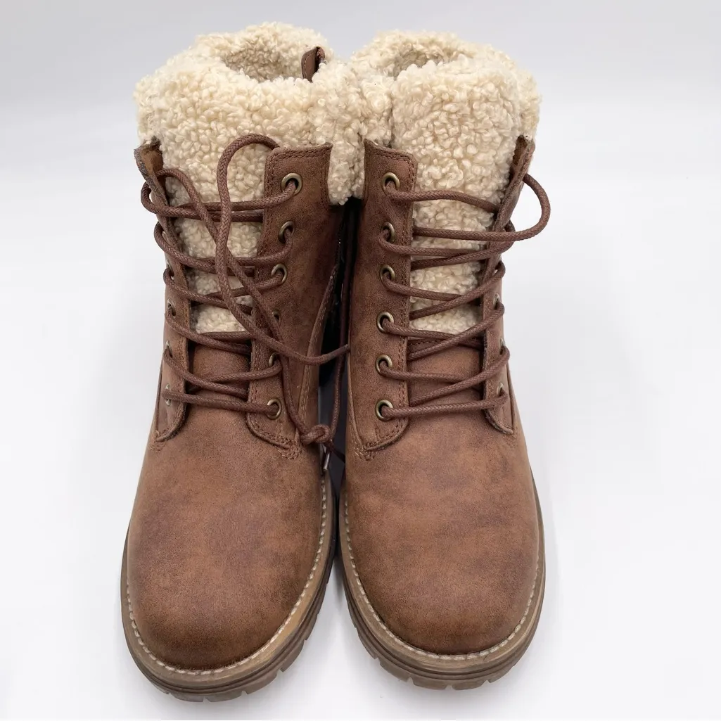 Fergie Genesis Wedge Heel Ankle Boots Women's Size 9.5 Faux Leather Fur Trim Tan Brown - Image 3