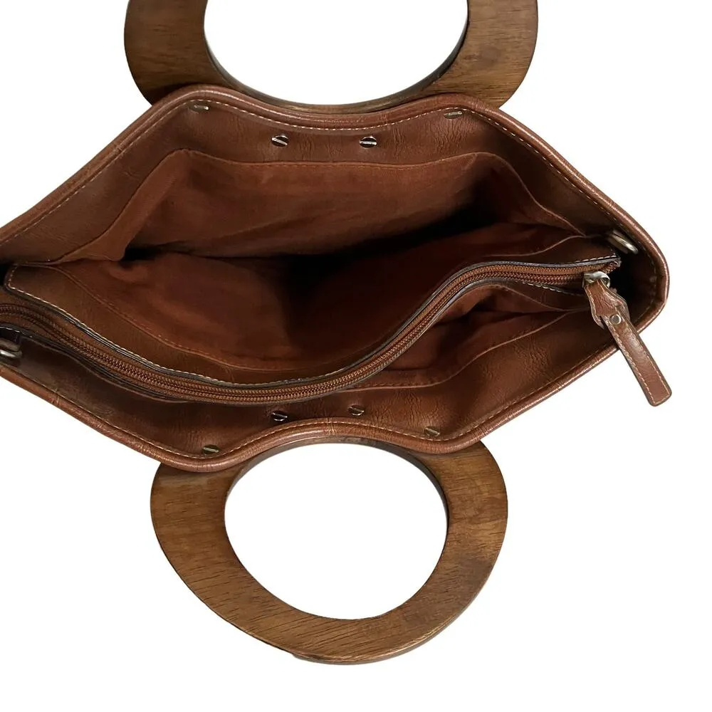 Fossil Multi Colored Striped Leather Trim Wood Handle Satchel Purse - Image 8