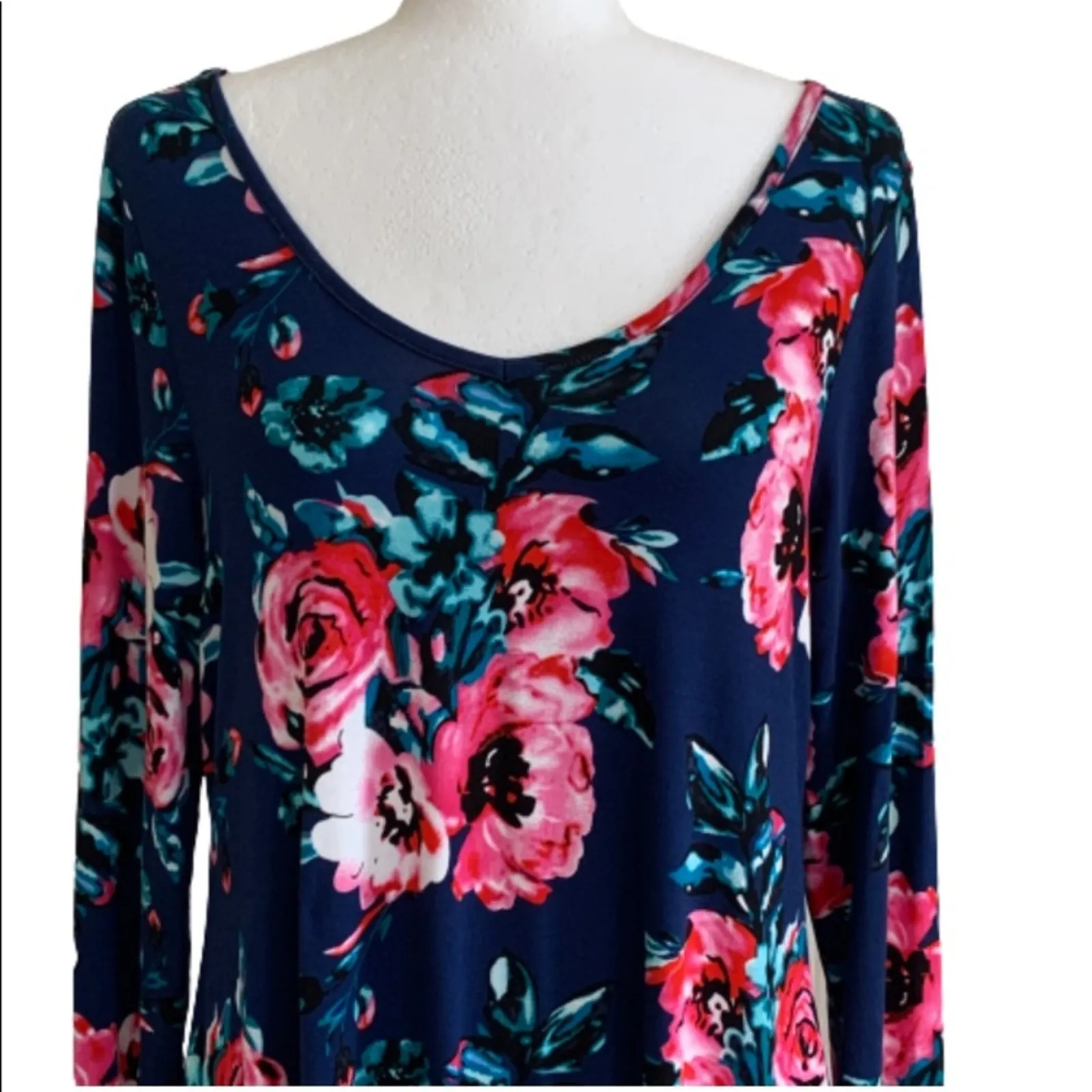 Dearcase Dress Blue Pink Floral Jersey Long Sleeve V - Image 4
