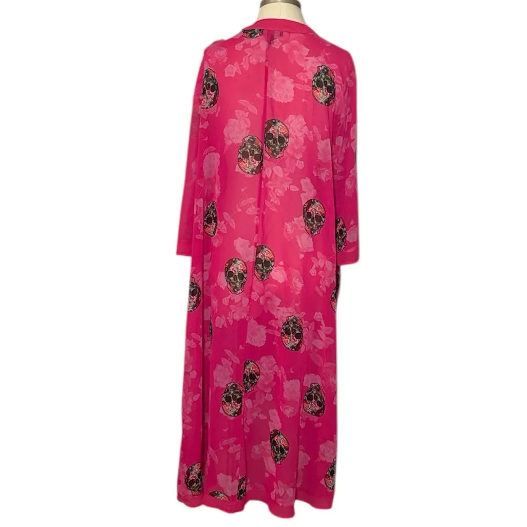 Torrid 1 1X Long Chiffon Kimono Hot Pink With Skulls - Image 3
