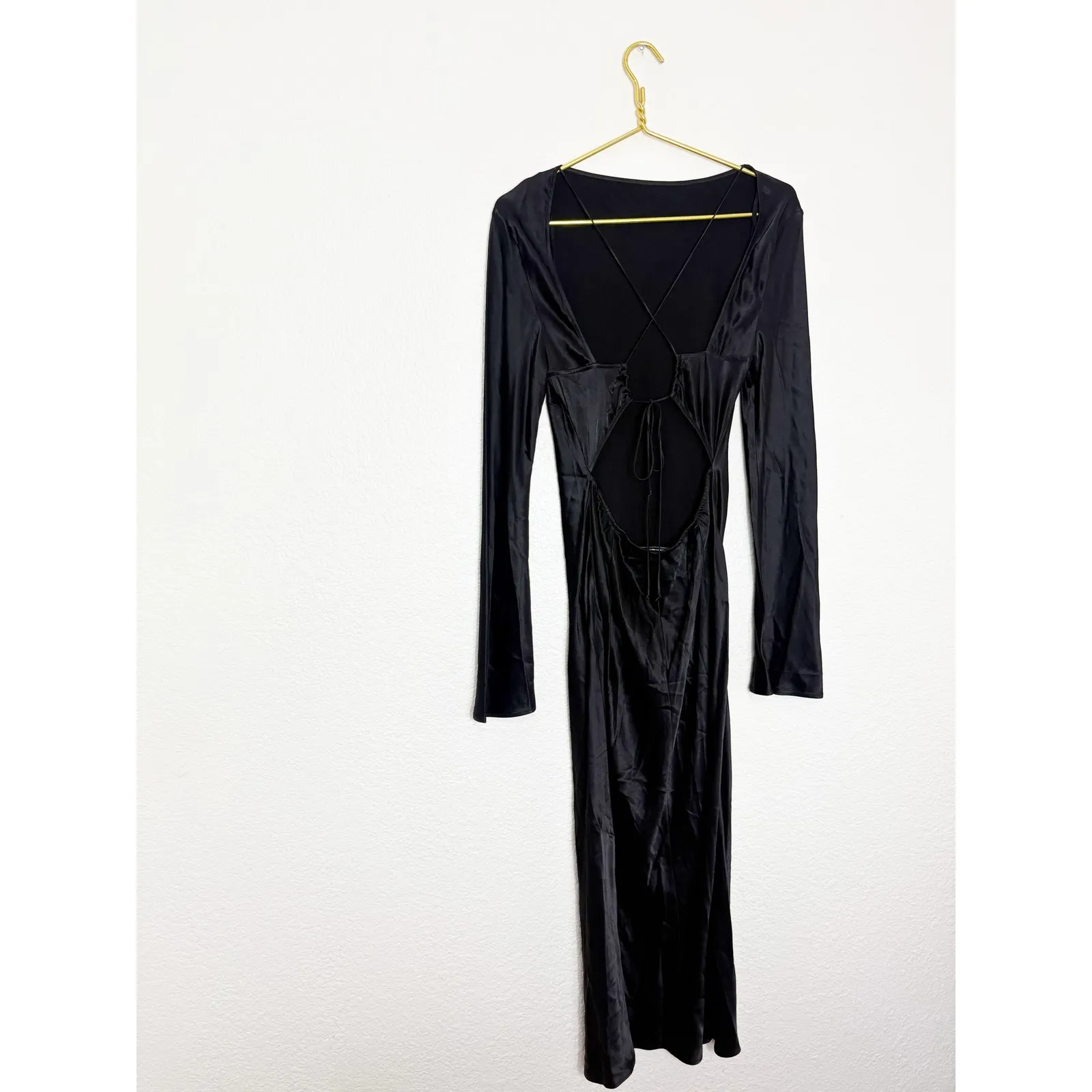 & Other Stories Open Back Midi Dress Size Small Black Satin Long Sleeve Cocktail - Image 13