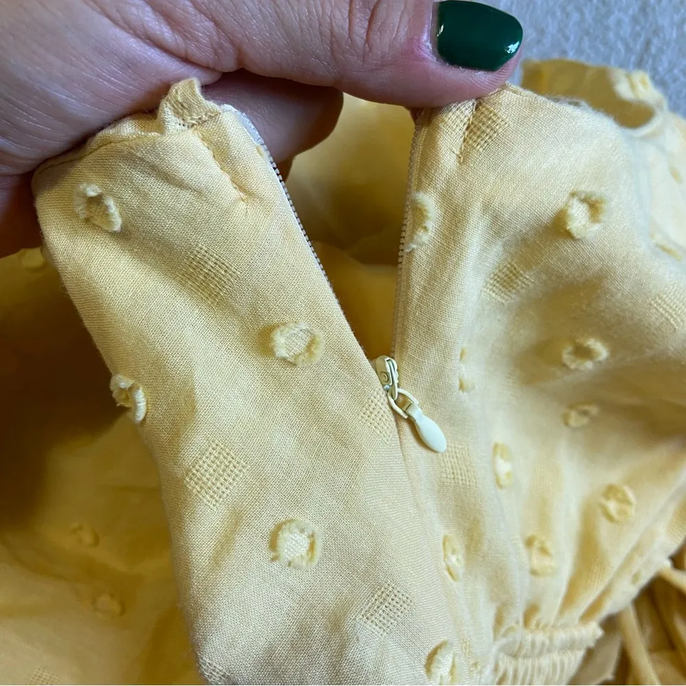 NWOT Lulus Charming Decision Yellow Swiss Dot Ruched Tiered Midi Dress - Image 11