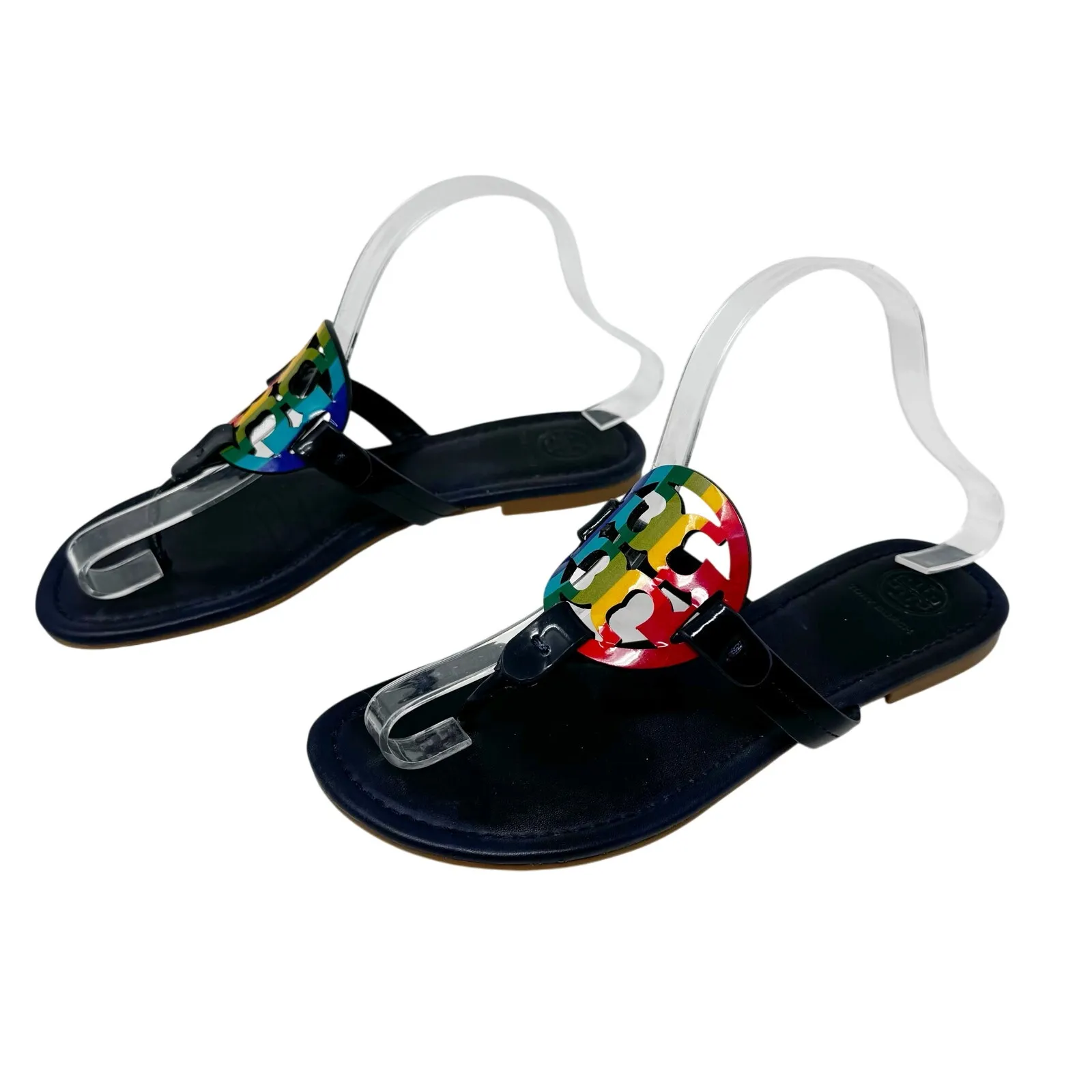 TORY BURCH Navy Blue Rainbow Stripe Miller Logo Patent Leather Sandals Size 7 - Image 4
