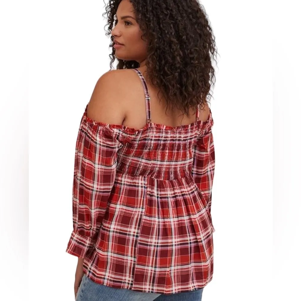 PLAID COLD SHOULDER SMOCKED LONG SLEEVE RUFFLE BOHO ADJUSTABLE STRAP TOP - Image 3