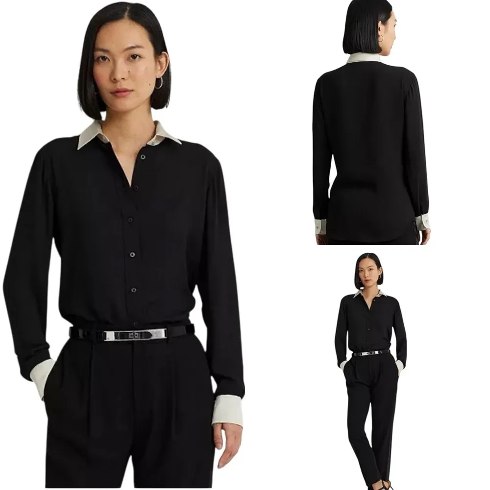 Lauren Ralph Lauren Classic Fit Two-Tone Black and White Silk Shirt size 12P - Image 4