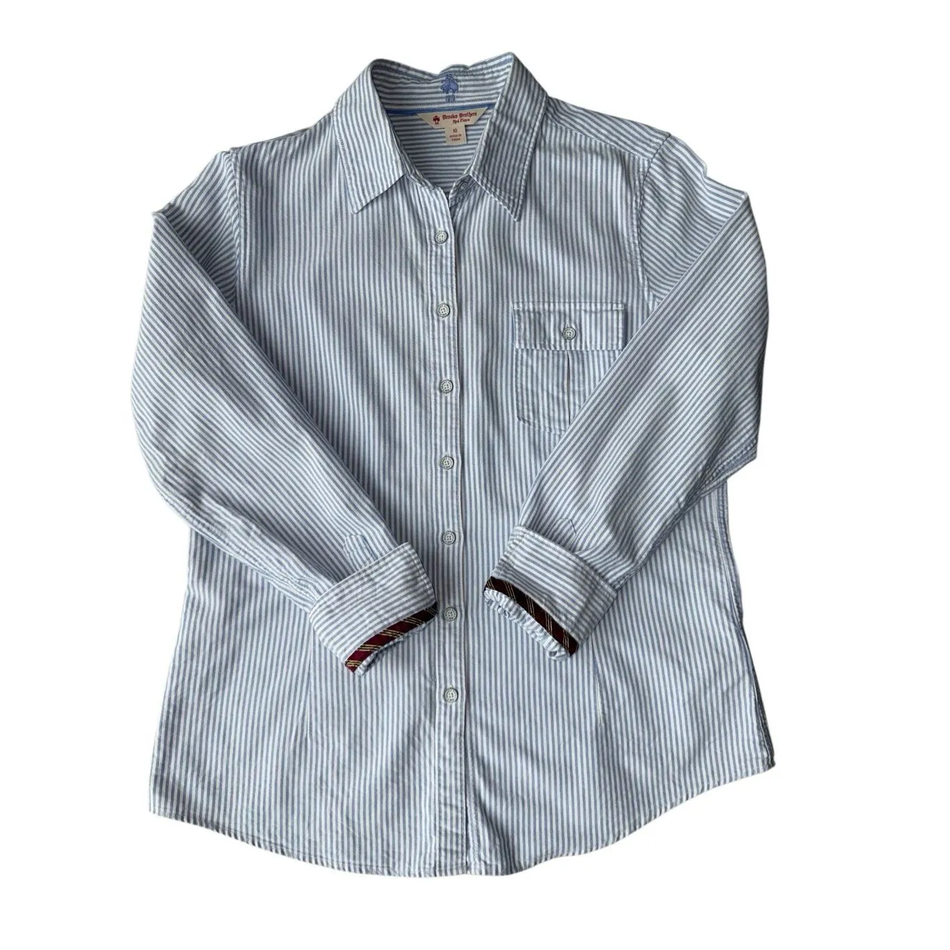 Brooks Brothers Blue & White Striped Oxford Button Up Shirt Size M/10 - Image 5