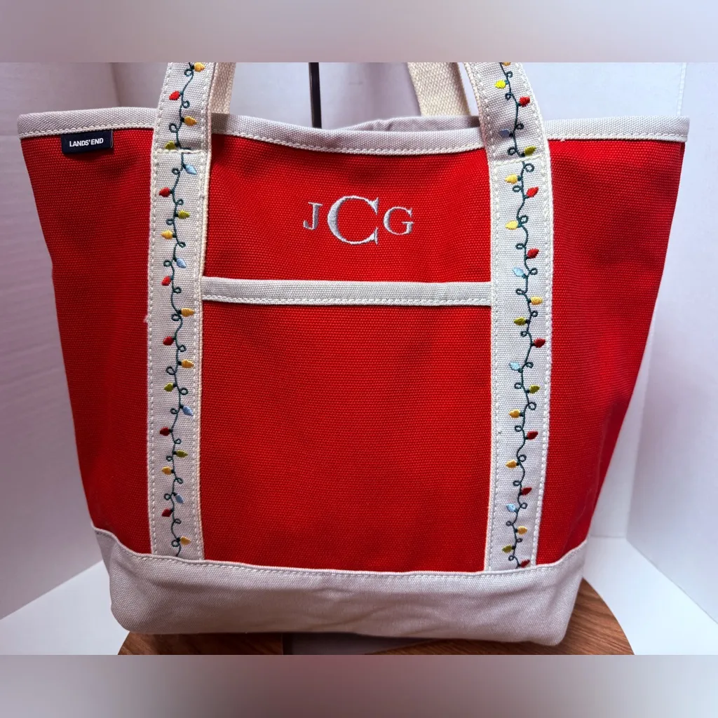 Lands’ End Large Red/Tan Cotton Canvas Christmas Lights Tote Bag - Image 3
